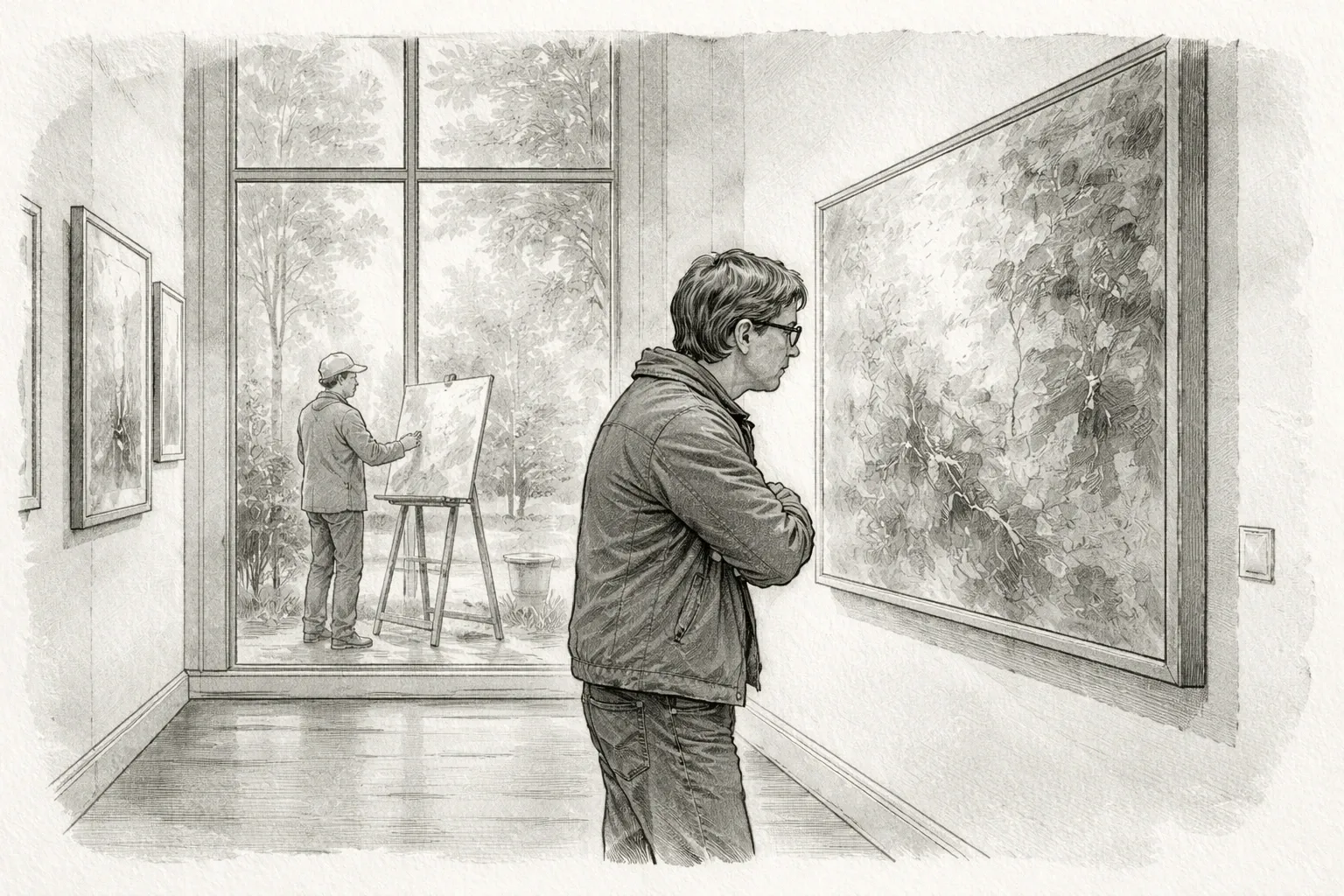 A museum visitor studies a painting while someone outside is actually painting.